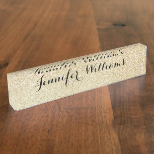 Gold Faux Glitter Black Script Typography Nameplate