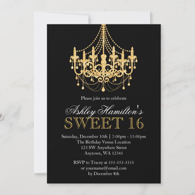 Gold Faux Glitter Chandelier Sweet 16 Invitations (Front)