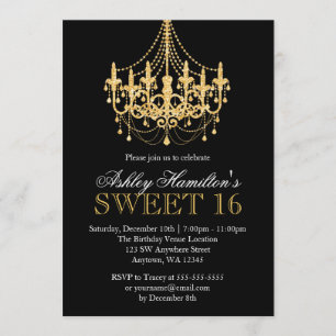 Gold Faux Glitter Chandelier Sweet 16 Invitations