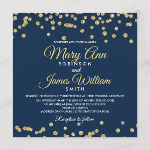 Gold Faux Glitter Confetti Elegant Wedding Navy Invitation