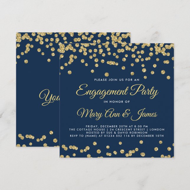 Gold Faux Glitter Confetti Engagement Party Navy Invitation (Front/Back)