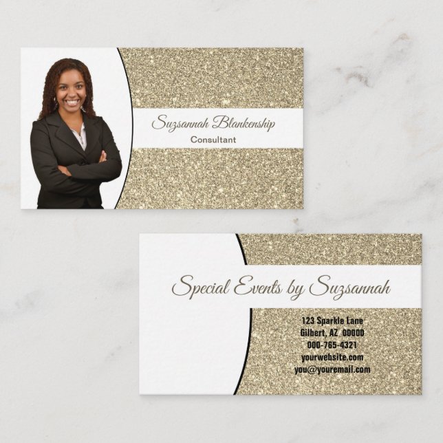 Gold Faux Glitter Custom Professional Head Shot Business Card (Front/Back)