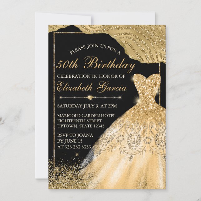 Gold Faux Glitter Dress & Glam Edge Birthday Invitation (Front)
