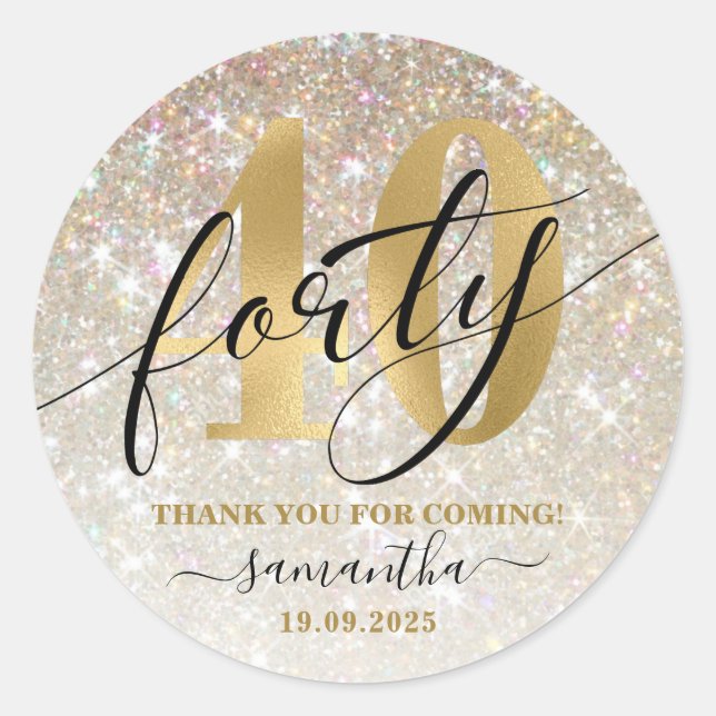  Gold Faux Glitter & Foil 40th Birthday Party  Classic Round Sticker (Front)