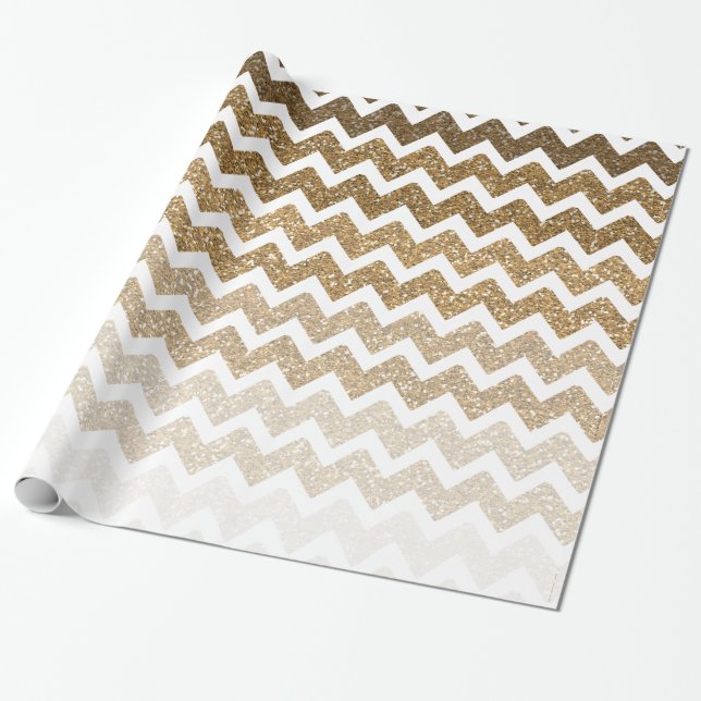 Gold Faux Glitter Glitzy Chevron Ombre Birthday Wrapping Paper (Unrolled)