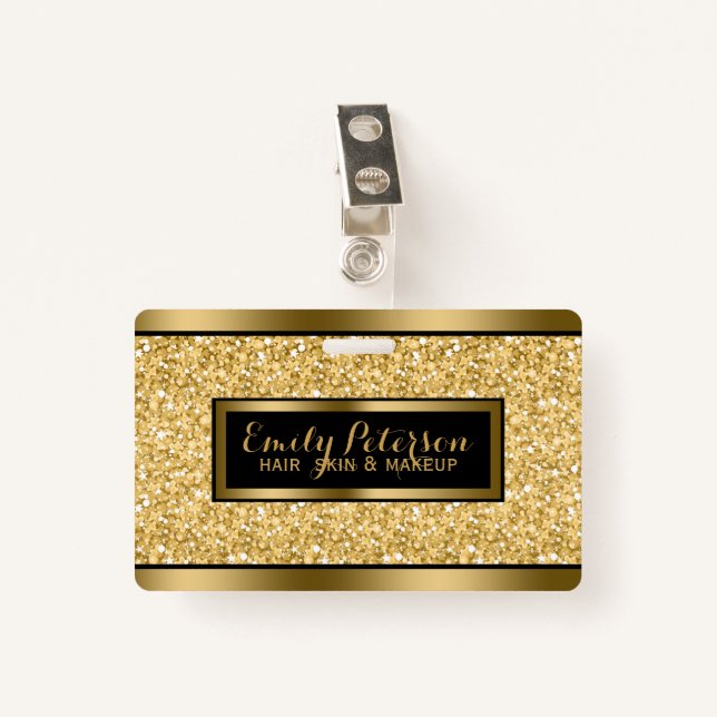 Gold Faux Glitter Gold And Black Accents ID Badge (Front with Clip)