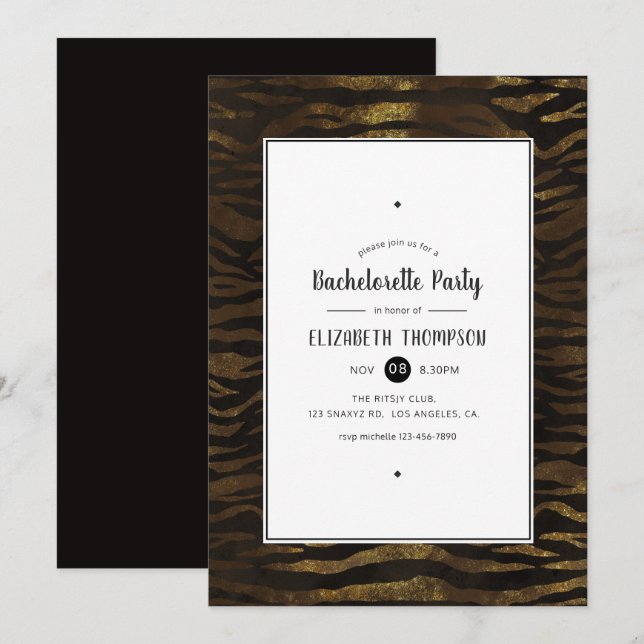 Gold Faux Glitter Jungle Tiger Bachelorette Party Invitation (Front/Back)