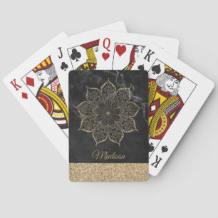 Gold Faux Glitter Mandala on Black Marble Playing Cards