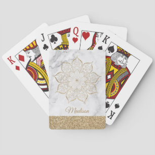 Gold Faux Glitter Mandala on Grey & White Marble Playing Cards
