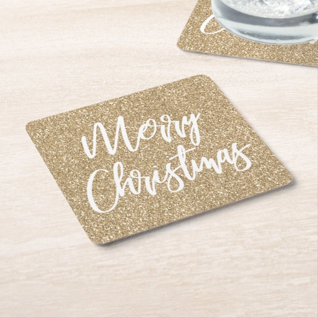 Gold Faux Glitter Merry Christmas Calligraphy Square Paper Coaster (Angled)
