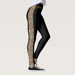 Gold Faux Glitter on Black Leggings Dance Pants