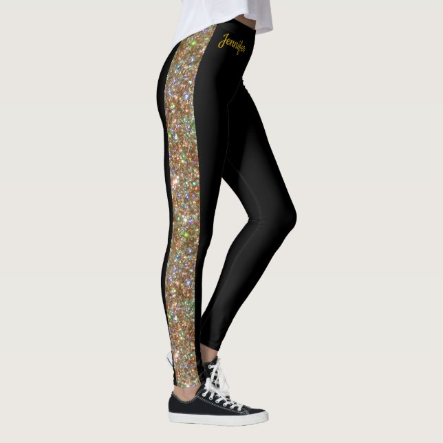 Gold Faux Glitter on Black Leggings Dance Pants (Right)
