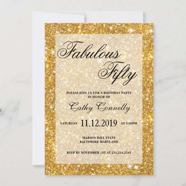 Gold Faux Glitter Pattern Fabulous Fifty Invitation (Front)