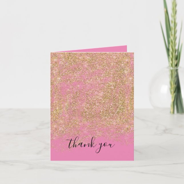 Gold Faux Glitter Pink Sparkle Thank You Card (Front)