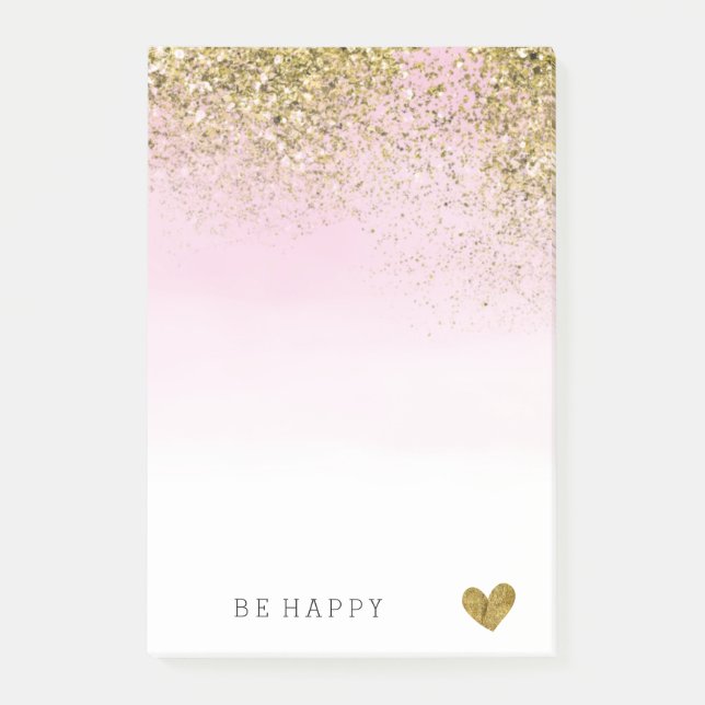 Gold Faux Glitter Pink Watercolor Personalised Post-it Notes (Front)