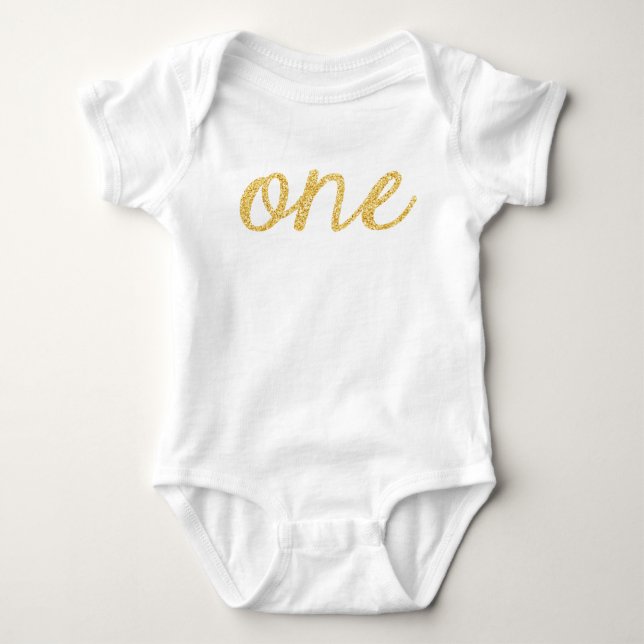 Gold Faux Glitter Script 1st Birthday Baby Bodysuit (Front)