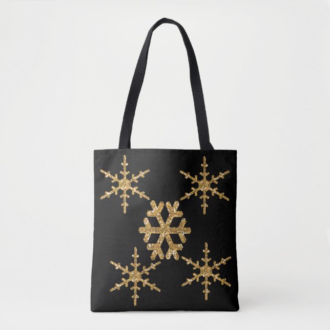 Gold Faux Glitter Snowflakes Tote Bag (Front)
