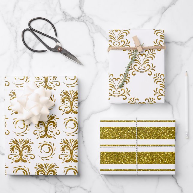 Gold Faux Glitter Stripes and Flourishes  Wrapping Paper Sheet (Front)