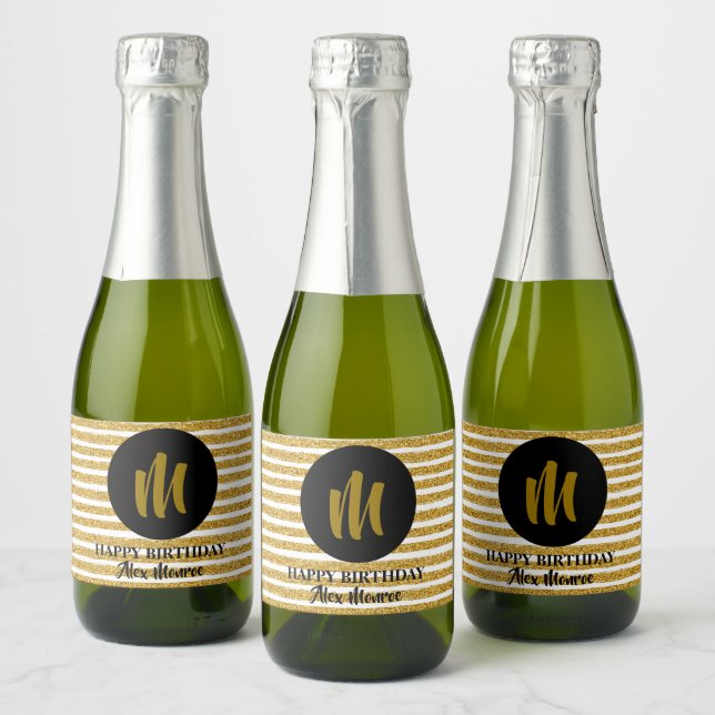 Gold Faux Glitter Stripes Monogrammed Mini Sparkling Wine Label (Bottles)