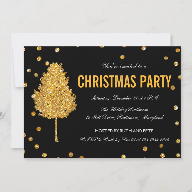 Gold Faux Glitter Tree Modern Christmas Party Invitation (Front)