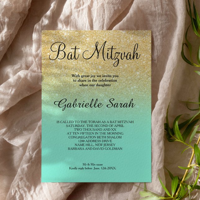 Gold faux glitter turquoise ombre Bat Mitzvah Invitation (Creator Uploaded)