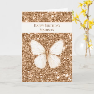 Gold Faux Glitter White Butterfly Birthday Card