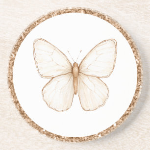 Gold Faux Glitter White Butterfly Coaster
