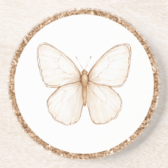 Gold Faux Glitter White Butterfly   Coaster (Front)