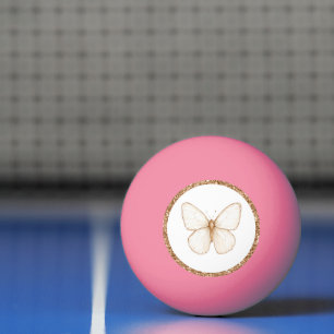 Gold Faux Glitter White Butterfly Ping Pong Ball