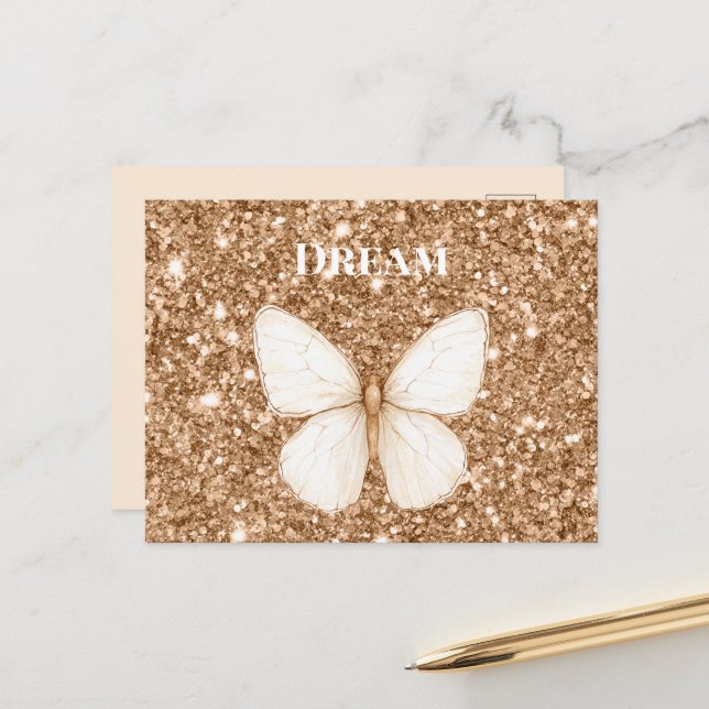 Gold Faux Glitter White Butterfly Postcard (Front/Back In Situ)