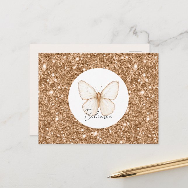 Gold Faux Glitter White Butterfly   Postcard (Front/Back In Situ)