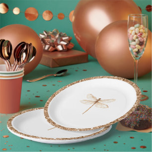 Gold Faux Glitter White Dragonfly Birthday Paper Plate
