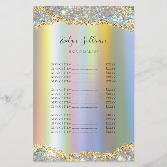 Gold faux iridescent glitter foil price list flyer (Front)