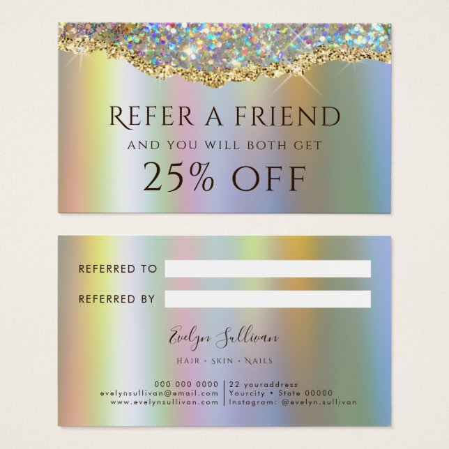 Gold faux iridescent glitter referral card (Front & Back)