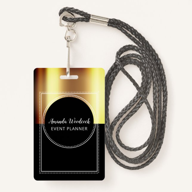 Gold Faux Metallic On Black Event Planner Name ID Badge (Front with Lanyard)