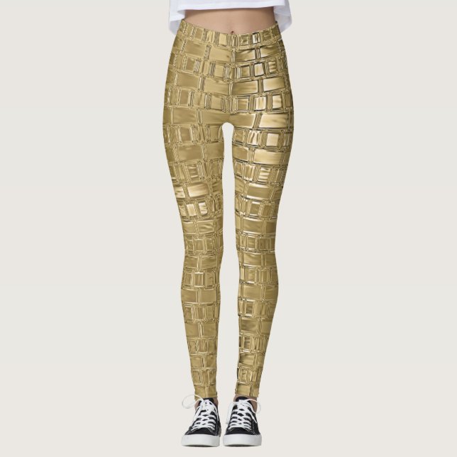 Gold Faux Metallic Shimmer Brick Textured Leggings (Front)