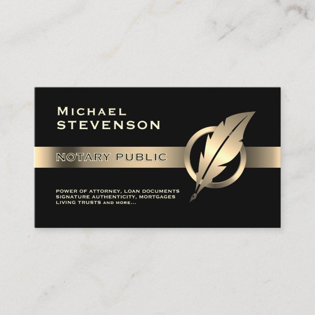 Gold faux metallic stripe and golden feather logo business card (Front)