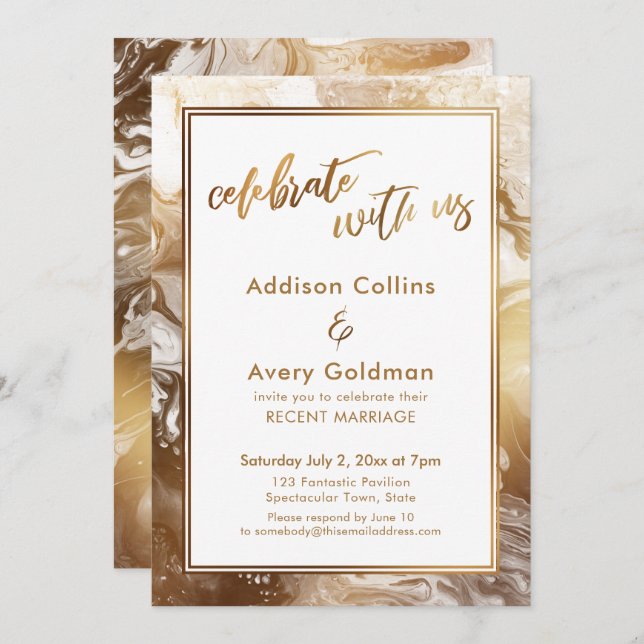 Gold Faux Metallic White Marble Celebrate with Us Invitation (Front/Back)