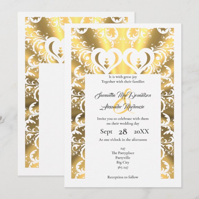 Gold faux paper cut filigree lace wedding invitation (Front/Back)