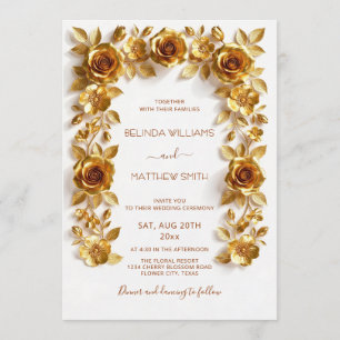 Gold Faux Relief Roses Frame Wedding Minimalist Invitation