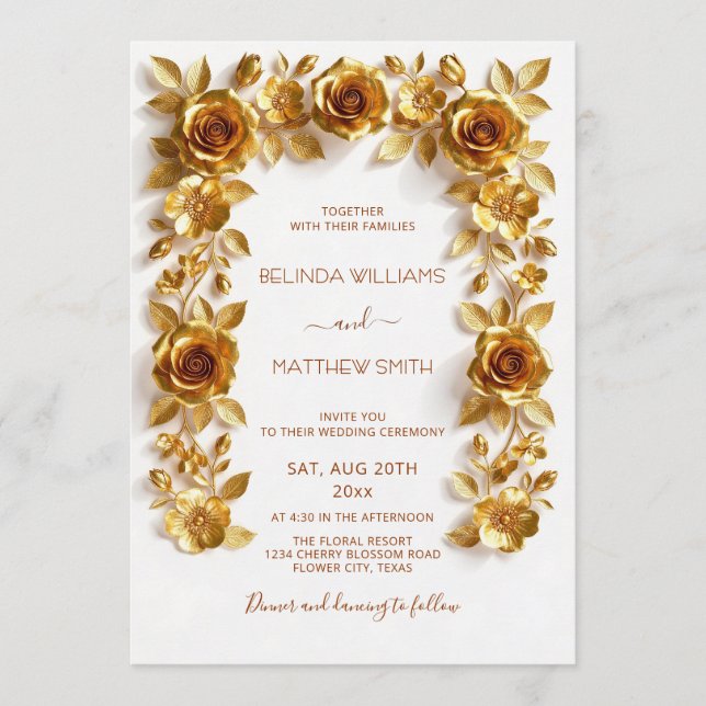 Gold Faux Relief Roses Frame Wedding Minimalist Invitation (Front)
