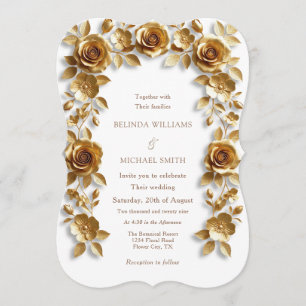 Gold Faux Relief Roses Frame Wedding Minimalist Invitation