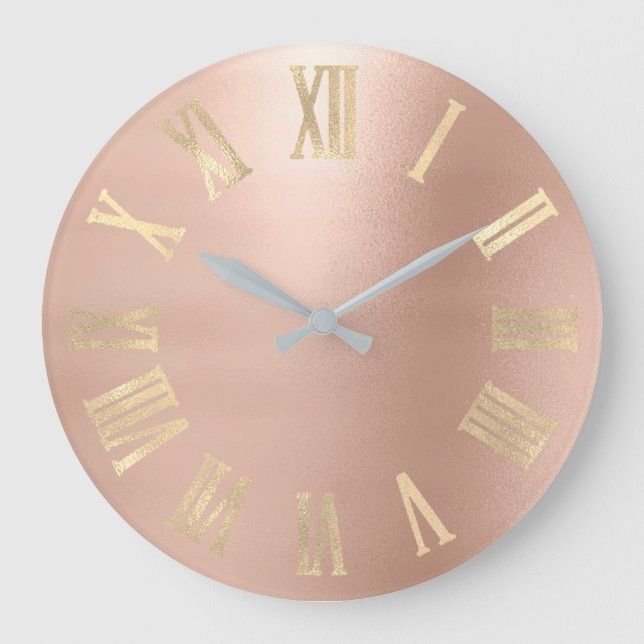 Gold Faux Rose Gold Minimal Metallic Roman Numers Large Clock (Front)