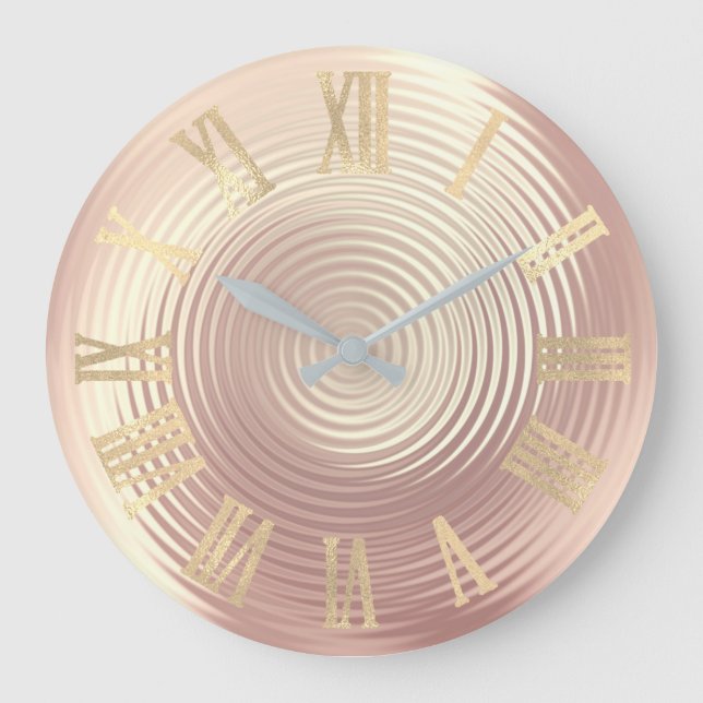 Gold Faux Rose Pink Minimal Metallic Roman Numers Large Clock (Front)