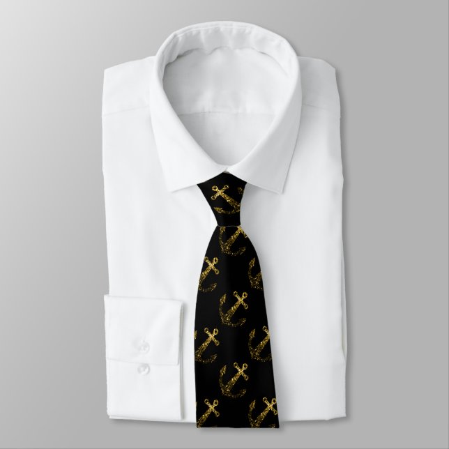 Gold faux sparkle Anchor pattern black (2 sided) Tie (Tied)