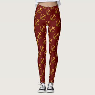 Gold faux sparkle Anchor summer pattern dark red Leggings
