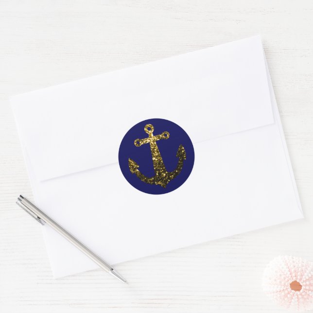 Gold faux sparkle glitter Anchor navy blue Classic Round Sticker (Envelope)