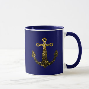 Gold faux sparkle glitter Anchor navy blue Mug