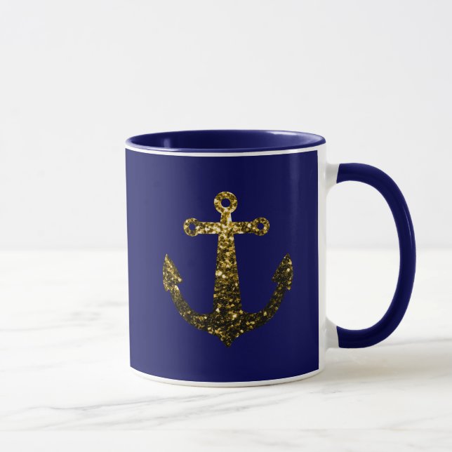 Gold faux sparkle glitter Anchor navy blue Mug (Right)