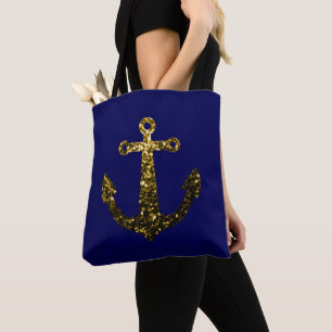 Gold faux sparkle glitter Anchor navy blue Tote Bag